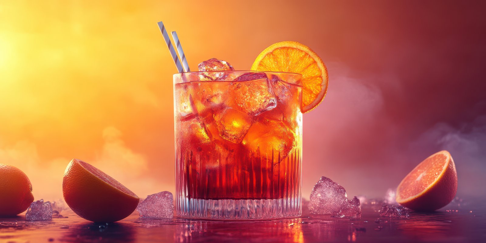 Cocktail with ice and orange garnish on a table, illuminated by warm sunset light in a relaxed setting